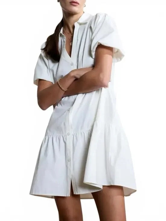 Brochu Walker Havana Mini Dress Women’s Medium Ivory White Tiered Puff Sleeve - Picture 1 of 11